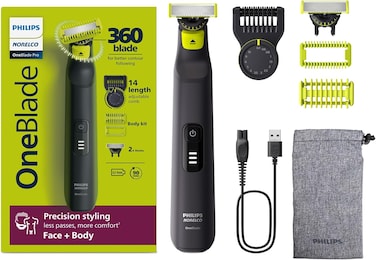 Philips Norelco OneBlade Pro 360 Face + Body, Electric Shaver, Beard Trimmer and Body Groomer, with 360 Blade Technology, 14-Length Precision Comb, Body Kit, Soft Pouch, Model QP6542/70