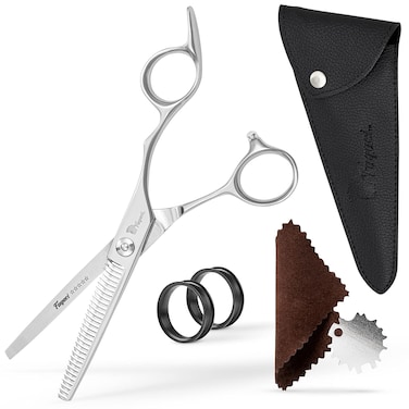 Professional Thinning Shears 6 Inch with Extremely Sharp Blades, 440C Steel Thinning Scissors, Durable, Smooth Motion &amp; Fine Cut, Hair Scissors with Elegant Sheath, Cleaning Leather &amp; Key