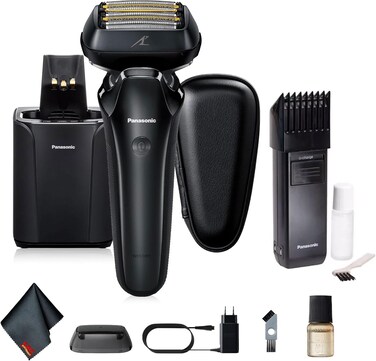 Panasonic ARC6 Luxury 6-Blade Men's Electric Shaver (ES-LS9A-K) Bundle Including: Clean and Charge Station, Panasonic ER389K Rechargeable Beard and Mustache Trimmer, Fiber Cloth, Case for Shaver, More