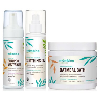 Mambino Organics Soothing Bath Set - Organic Colloidal Oatmeal Bath Soak, Soothe Me Shampoo &amp; Body Wash, CalmingOil - Cruely-Free &amp; Vegan Bath Products