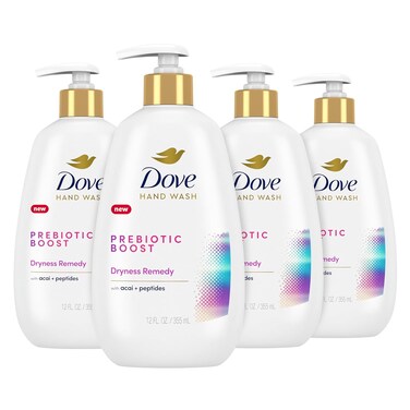 Dove Prebiotic Boost Hand Wash Dryness Remedy 4 Count for Lasting Softness, with Acai &amp; Peptides, 12 oz