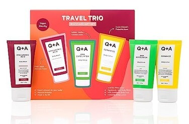 Q+A Travel Trio Body Care Giftset, containing a Hyaluronic Acid Body Wash, AHA Exfoliator Body Scrub, and a Ceramide Body Lotion, each item 50ml