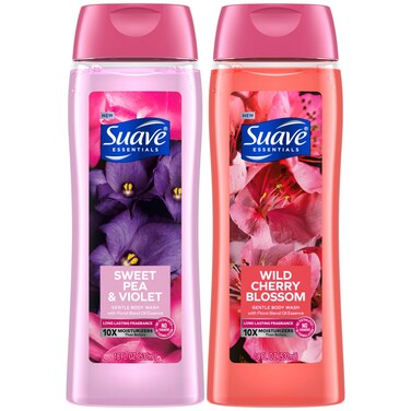 Suave Body Wash Variety 2-Pack, Sweet Pea &amp; Violet + Wild Cherry Blossom &ndash; Gentle Body Washes with Floral Blend Oil Essence, 18 Oz Ea