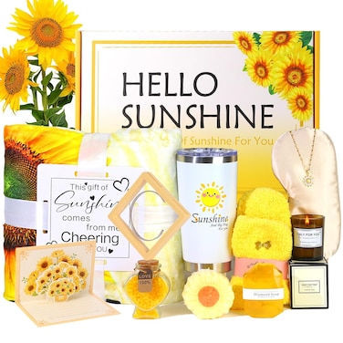 Sending Sunshine Care Package for Women-11 Pcs Sunflower Gifts.Get Well Soon Self Care Gifts Basket.Unique Women's Inspirational Relaxation Bath Set, Birthday Box for Gifts,CHEER HER UP! (Large Set)