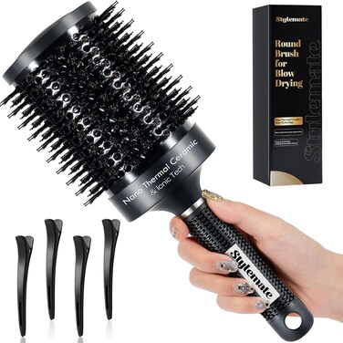 Round Brush, Nano Thermal Ceramic &amp; Ionic Tech Round Barrel Hair Brush with Boar Bristles, Roller Brush for Blow Drying, 4 Free Clips (Black, 4 inch, Barrel 2.7 Inch, 65mm)
