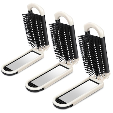 3 Pcs Folding Travel Hair Brush Foldable Mini Compact Hair Brush with Mirror For Women Collapsable Travel Size Massage Comb Travel Brushes For Hair Small Hairbrush Mini Brush For Purse Trip Gym Cream
