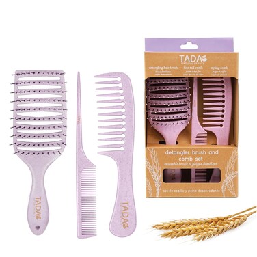 TADA Natural Beauty Set Hair Brush Detangler for All Hair Type Curly, Thick, Wavy, and Thin Hair - Hair Brush Set for Women, Men, Kids (3PK Lavender)