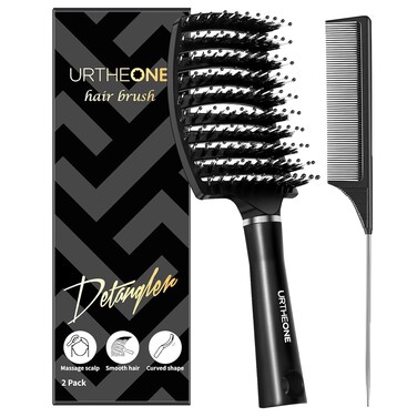 Hair Brush,Detangling Hairbrush Boar Bristle Hair Brushes for Women Men Kids Curly Thick Long Short Wet or Dry Hair, Curved Vented Detangler Brush for Faster Blow Drying (Black)