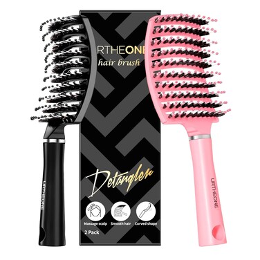 Hair Brush,URTHEONE Detangling Hairbrush Boar Bristle Curved Vented Hair Brush for Women Men Kids Curly Thick Long Short Wet or Dry Hair, Faster Blow Drying(2Pack, Black&amp;Pink)