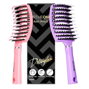 Hair Brush,URTHEONE Detangling Hairbrush Boar Bristle Curved Vented Hair Brush for Women Men Kids Curly Thick Long Short Wet or Dry Hair, Faster Blow Drying (2Pack, Pink&amp;Purple)