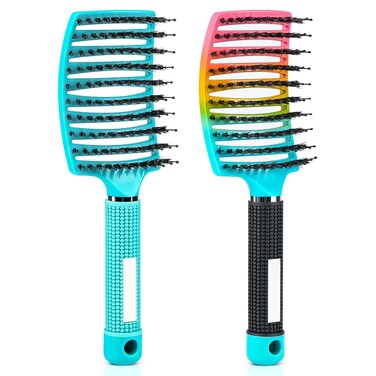 Curved Vented Brush for Wet &amp; Dry Hair, Detangling Brush for Blow Drying, 2 Pack (Light Blue + Rainbow)