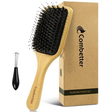 Boar Bristle HairBrush, Natural Wooden Paddle Brush Detangler Shine Smoothing Hair for Women Men Kids Curly Long Fine Dry Hair with Gift Box