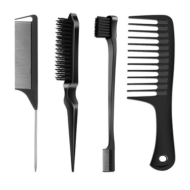 Hair Styling Set - 4 Brushes (Edge, Bristle, Rat Tail, Wide Tooth) for Slick Baby Hair and Flyaways - Black