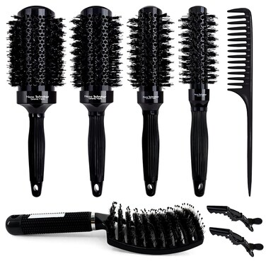 6pcs Ceramic Ion Thermal Barrel, 4 Different-Sized Boar Bristle, and Curved Vented Hair Brushes for Blow Drying, Straightening, Adding Volume &amp; Shine