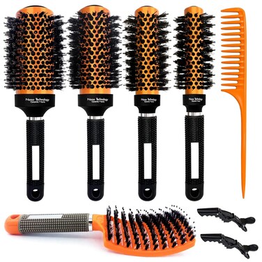 Round Ceramic Ion Thermal Barrel Brush Set with Boar Bristles - 4 Different Sizes for Blow Drying, Straightening, Adding Volume and Shine, Plus Curved Vented Brush