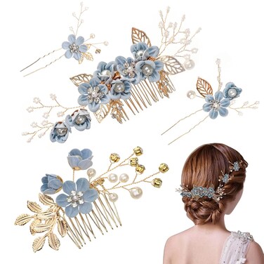 4PCS Wedding Hair Pins, Bridal Pearl Hair Side Combs Set Floral Leaf Head Piece Hairdecor Accessories Rose Gold Rhinestone Handmade Bridesmaid Hair Clip Crystal Headpiece Set for Women Girls