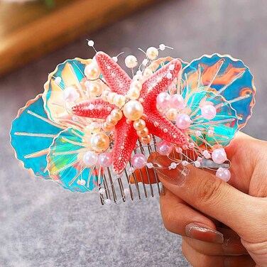 Mermaid Starfish Hair Comb Pearl Shell Hair Piece Beach Wedding Hair Accessories for Women (Pink)