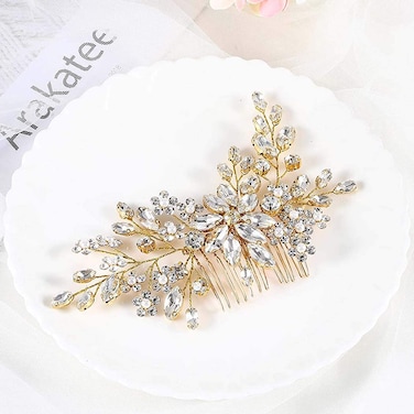 Catery Flower Crystal Bride Wedding Hair Comb Hair Accessories with Pearl Bridal Side Combs Headpiece for Women (Gold)