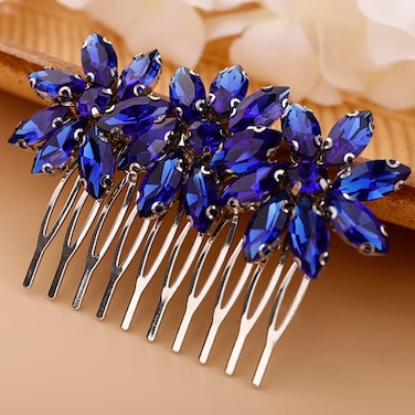 Crystal Flower Hair Comb for Women Girls Prom Crystals Hair Comb Wedding Headpiece for Bride Bridemaid Flower Girls BLUE
