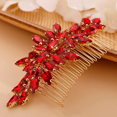 Crystals Hair Comb for Bride for Women for Girls Cute Teardrop Hair Comb Slide Multi-Color RED