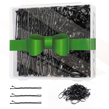 Premium 400Pcs Bobby Pins and Hair Elastics Kit: 200 Black Curved Pins for Secure Hold, 200 Ouchless Rubber Bands for Ponytails - Ideal for Women, Kids, Girls - Bulk Storage Case Included