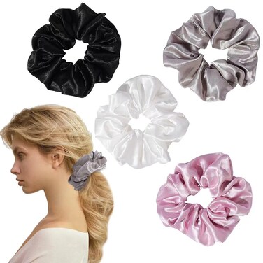 4PCS Big Satin Silk Scrunchies for Women Thick Hair, 6.3Inches Extra Large Scrunchy Oversized Thick Elastic Hair Ties Bands Ponytail Holders Jumbo Scrunchies (Black White Pink Silvergray)