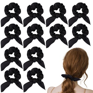 12 Pack Adorable Black Bow Hair Ties for Women - Satin Bunny Ear Scrunchies with Elastic Bows for Thick Hair, Suitable for Ladies and Girls