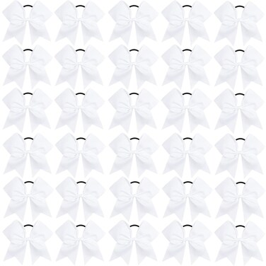 CN 30PCS 8" Large Cheer Bows, Cheerleading Bows Ponytail Holder for Girls, Grosgrain Ribbon White Cheer Hair Bows with Elastic Hair Tie for Cheerleader College Sports Softball Competition (white)