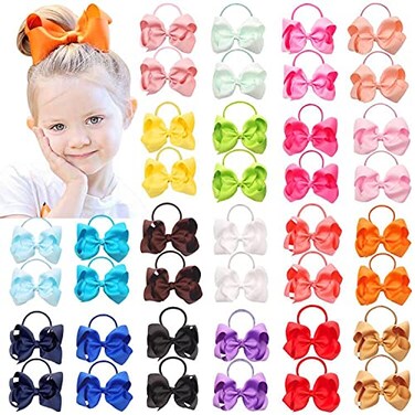 WillingTee 40Pcs 4.5 Inches Boutique Pops Hair Bows Elastic Hair Ties Grosgrain Ribbon Big Cheer Bow Ponytail Holder Elastic Ties for Girls Toddlers Kids Teens 20 Colors in Pairs
