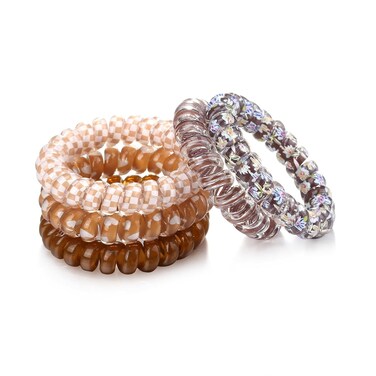 5Pcs Spiral Hair Ties No Damage, Plastic Hair Ties for Thick Hair Coil Hair Ties for Women No Crease Ponytail Holders Hair Elastics Phone Cord Hair Ties, Brown Set