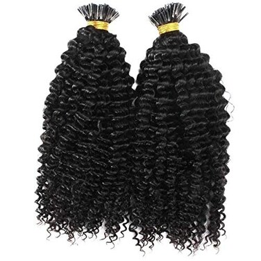Long Kinky Curly Pre Bonded Fusion I Tip Human Hair Extension Mongolian Human Hair I Tip Hair Extensions 100g/100 strands (20inch 100Strands, #Natural Color)