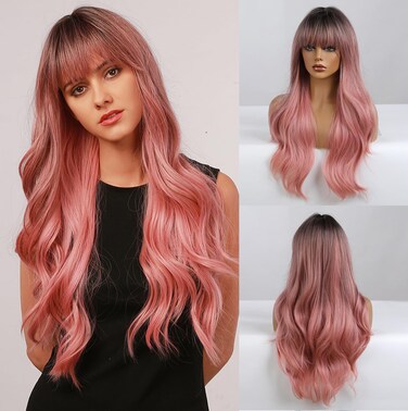 Esmee 24" Women Synthetic Wigs Long Wavy black Ombre pink with Fluffy Air Bangs Light Cosplay Party Wig