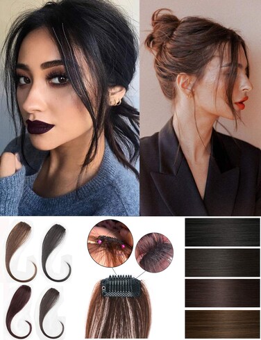 Human Hair Front Hairline Extension Easy Wear Clip in Bangs for Women 2 pcs 12" Dark Brown