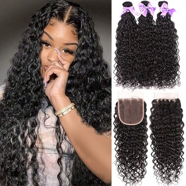 Water Wave Bundles With Closure Free Part Wet and Wavy Unprocessed Virgin Human Hair 100% Human Hair Extensions Water Wave Closure Laritaiya (20 22 24 26+18)