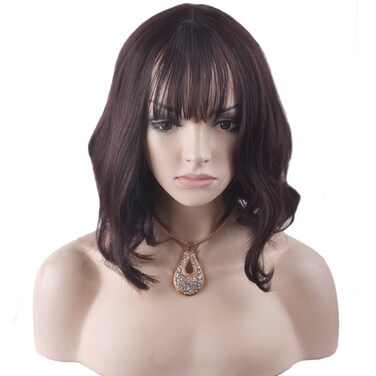 BERON 14 Inches Brown Wig Short Wavy Wig Brown Wigs with Bangs Bob Wig Brown Wig for Women Wig Cap Include