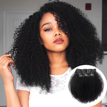Afro Kinky Curly Clip in Hair Extensions for Black Women, 9A Brazilian Remy Human Hair 3C 4A Hair Clip Ins Natural Black Color, Double Lace Wefts, 120 Gram 12Inch