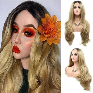 RainaHair 26 inches Ombre Blonde Lace Front Wigs Side Part Synthetic Hair Black Roots Blonde Synthetic Wigs for Women Long Wavy Lace Wig Heat Resistant Golden Blonde Wig