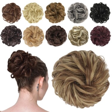 FESHFEN Messy Bun Hair Piece - Elastic Wavy Curly Hair Bun Scrunchies Extensions Synthetic Chignon Hairpieces for Women Girls, Brown &amp; Blonde 1 PCS