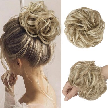 FESHFEN Messy Bun Hair Piece - Large Wavy Curly Elastic Hair Bun Scrunchies Ponytail Extensions Synthetic Chignon Hairpieces for Women, Light Ash Brown &amp; Bleach Blonde 1.94oz