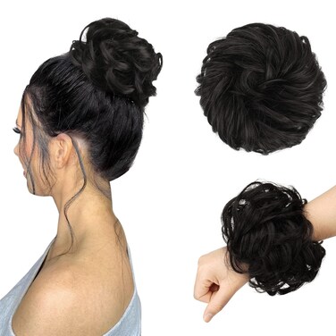 FESHFEN Messy Bun Hair Piece - Large Wavy Curly Elastic Hair Bun Scrunchies Ponytail Extensions Synthetic Chignon Hairpieces for Women, Black Brown 1.94oz