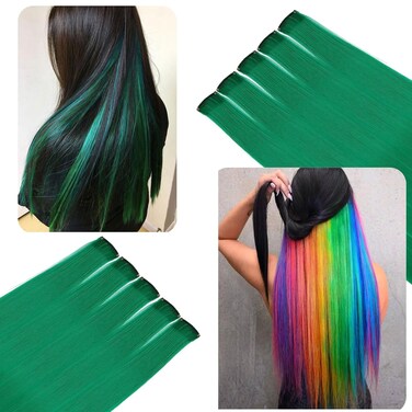 Clip In Green Hair Extensions for Women Girls Kids, Colored Hair Extensions, 10pcs, 22in, Synthetic Fibre