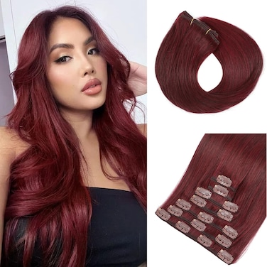 Clip in Hair Extensions Real Human Hair 22 Inch Wine Red 99 J Seamless Clip in Hair Extensions Burgundy Human Hair 120g Full Head Silky Straight Long 7Pcs Human Hair Clip in Extensions for Black Women