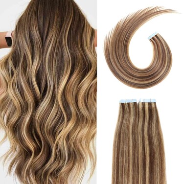 Tape in Hair Extensions Human Hair Color Chocolate Brown and Caramel Blonde Remy Hair 18 inches 20pcs 50g/pack Straight Seamless Skin Weft Tape in Human Hair Extensions(18inch,#4p27,50g)