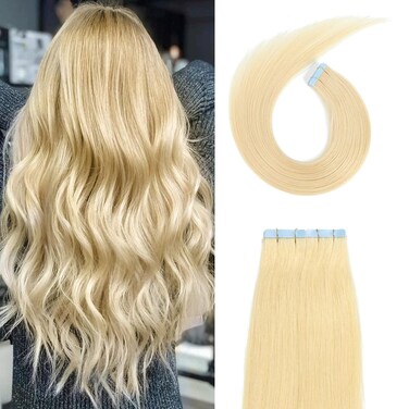 Tape in Hair Extensions Human Hair 16 inch Bleach Blonde 20pcs 40g/pack 100% Real Human Hair Straight Seamless Skin Weft Tape in Human Hair Extensions(16 inches, #613,40g)