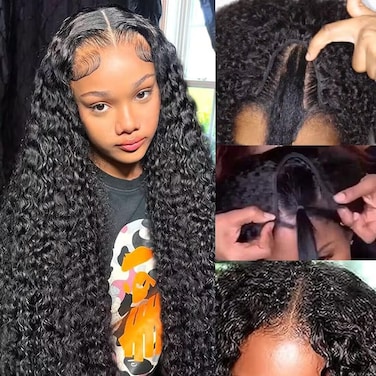 Deep Wave U Part Human Hair Wig Curly U Part Wigs Glueless Human Hair wigs for Black Women None Lace Front Wigs Full Head Clip In Half Wig UPart Hair Extension Natural Color 180% Density 24 Inch