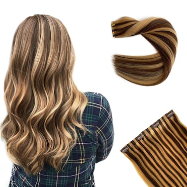 Remy Clip in Hair Extensions Human Hair Skin Weft Hair Extensions Chocolate Brown to Caramel Blonde Highlights Real Hair Extensions Clip ins for Women，One Piece Seamless Weft Clip in Hair 80G 16 Inch