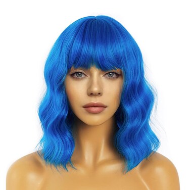 Short Bob Wavy Wig with Bangs, Loose Curly Shoulder Length, Synthetic Cosplay Wig, Blue