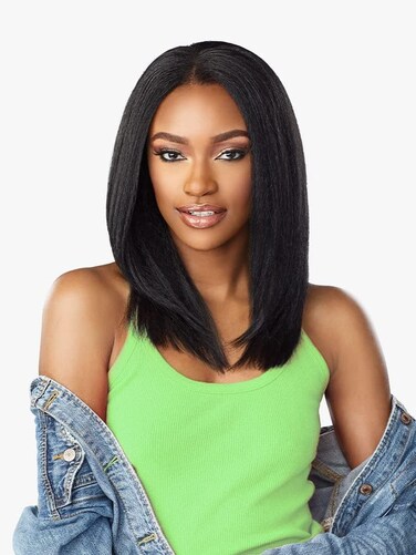 Kinky Straight U Part Wig Natural Hailine &amp; Soft Hair Like Real Human Hair &frac34; V Part Half Wigs for Black Women (Black, 16 Inch)