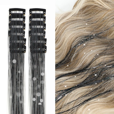 12Pcs Hair Tinsel Clip in Glitter Tinsel Hair Extensions 19.6Inch Clip in Hair Tinsel Kit Heat Resistant Shiny Sparkly Fairy Hair Accessories for Women Girls Kids (Black)