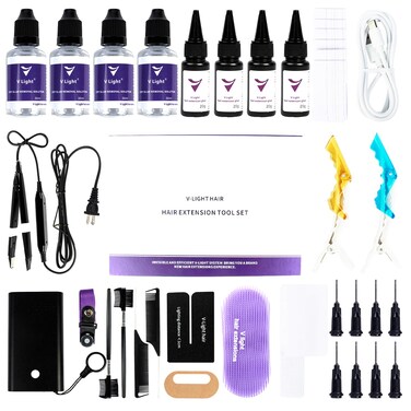 V Light Hair Extensions Kit, UV Light Extensions, V Light Hair Glue*4, V Light Hair Extensions glue romover*4, v light hair comb*2, hair extensions clip*2.